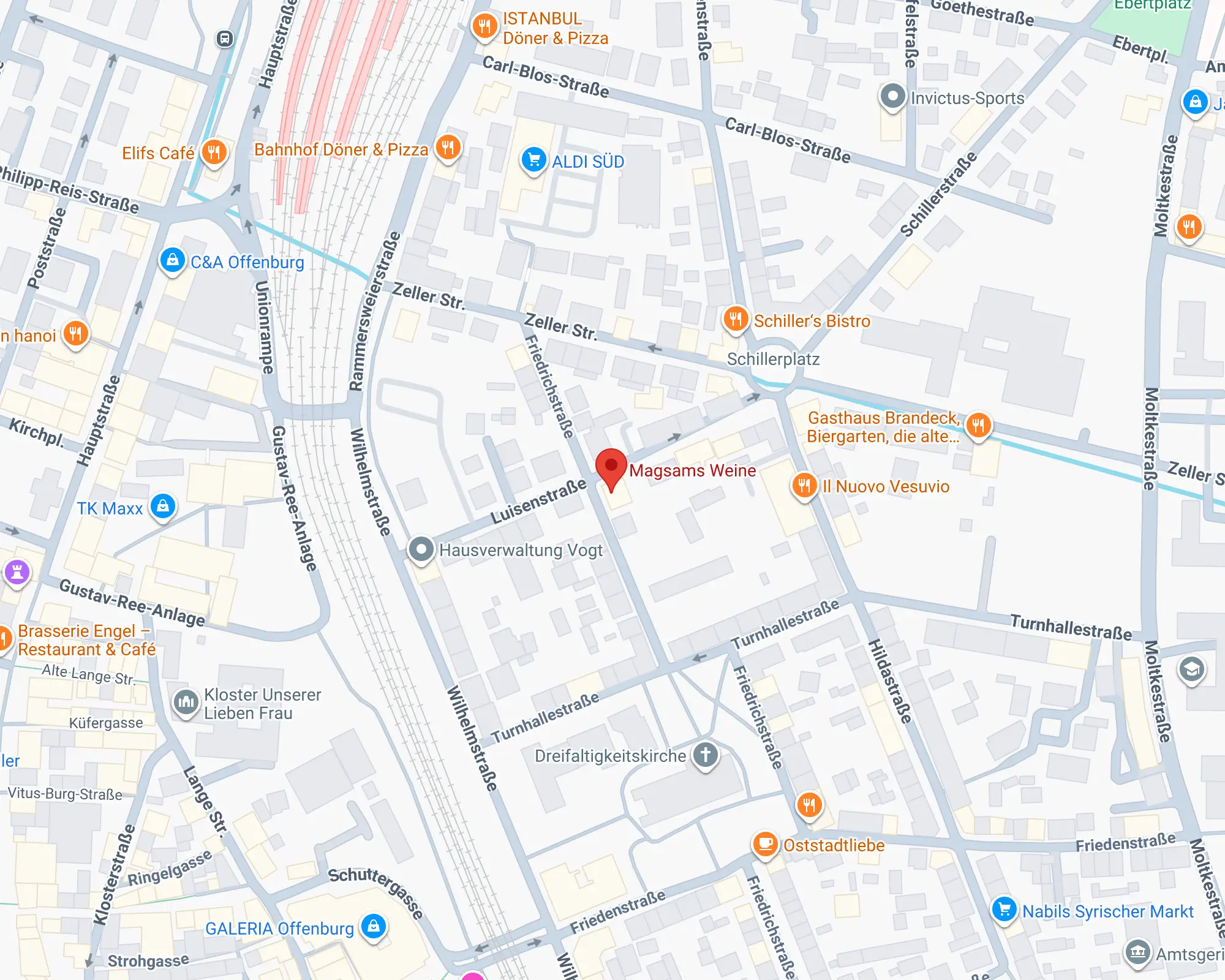 Kartenausschnitt Offenburg mit der Lage von Magsams Weine in der Friedrichstraße