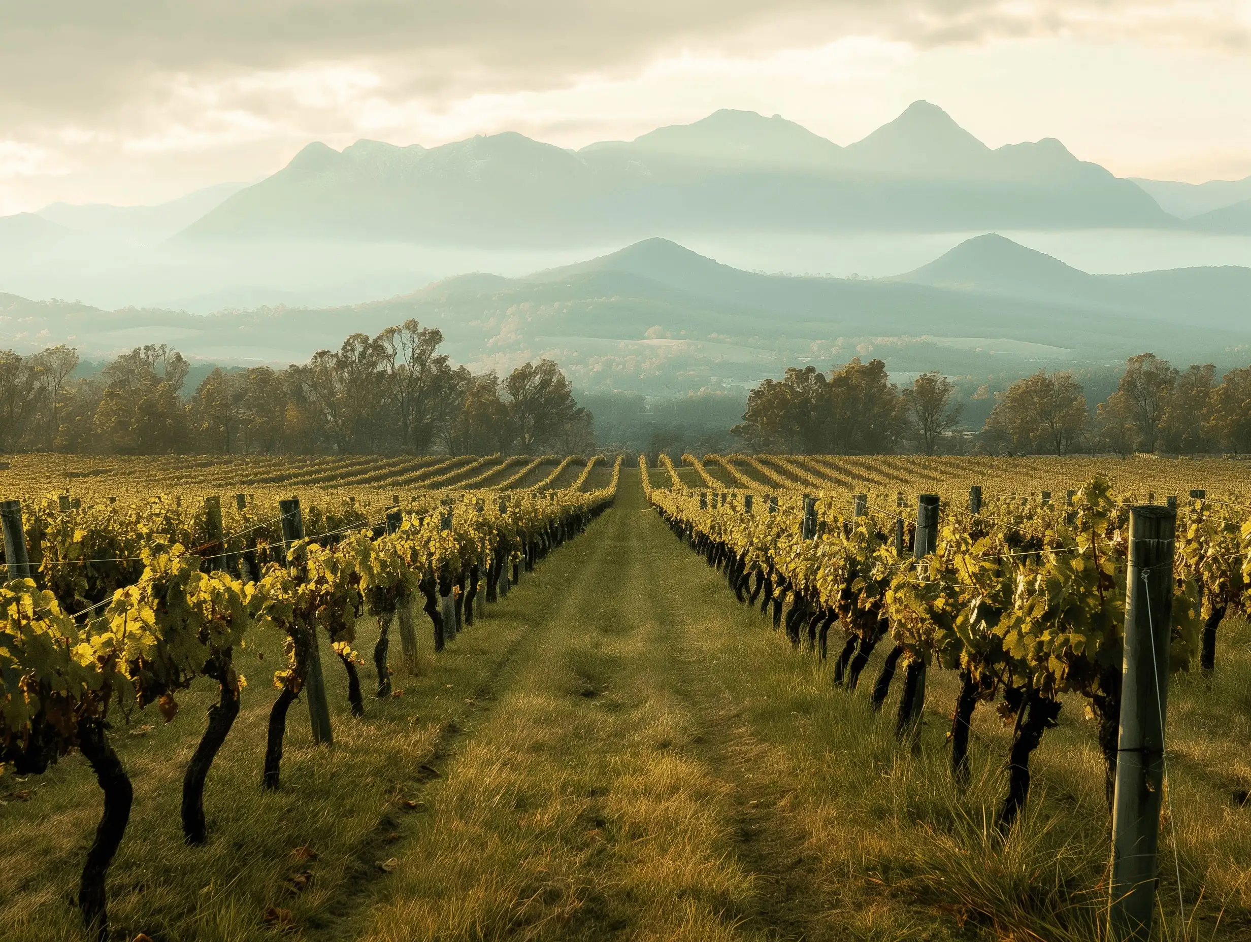 Weinberg im Morgenlicht vor einer Bergkette