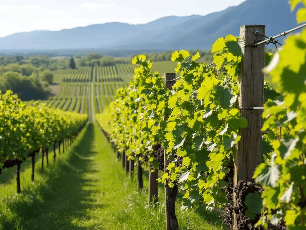 Weinberg mit langen, grünen Rebzeilen vor einer Hügelkette